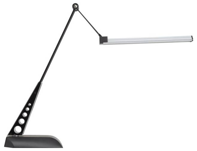 Eine elegante schwarze Schreibtischlampe mit ausladendem Arm und horizontaler LED-Lichtleiste, die ein modernes Design mit kreisförmigen Aussparungen an der Basis aufweist.