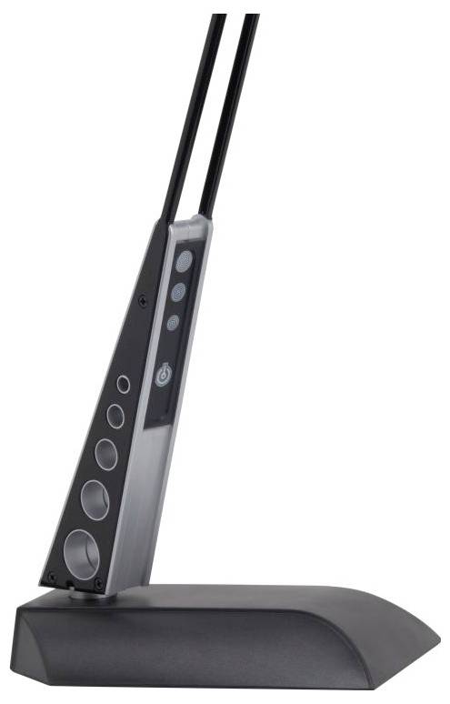 Ein schwarzes elektronisches Gerät mit Steuerungstasten und kreisrunden Öffnungen, höchstwahrscheinlich ein Mikrofon oder Lautsprechersystem, das auf einer geneigten Basis ruht.