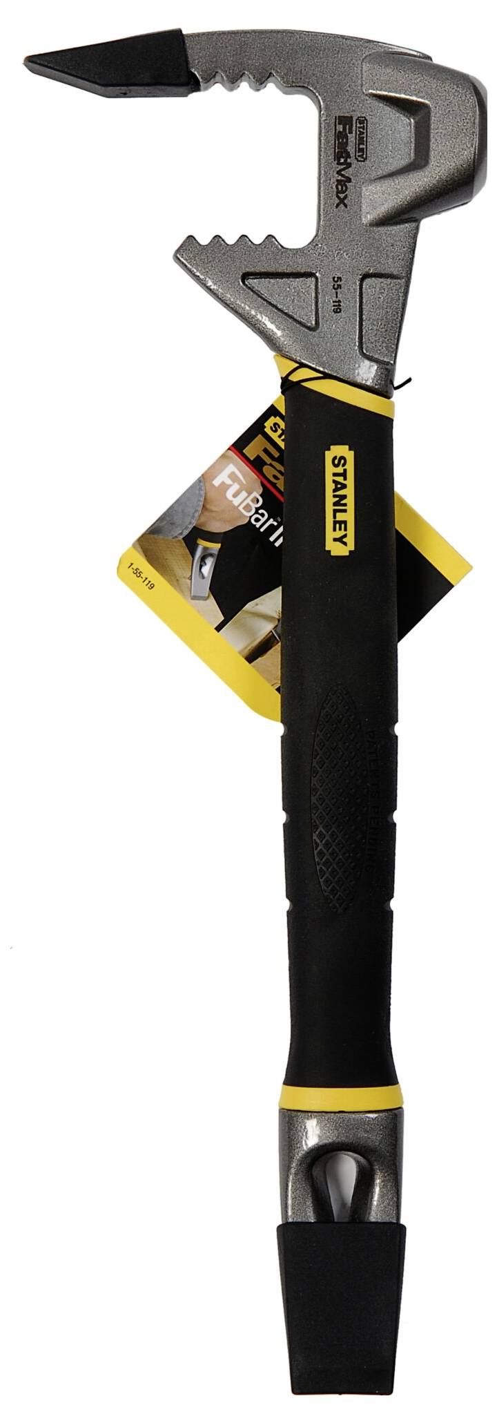 'Stanley Fubar III'. Multifunktionales Werkzeug mit Hammerkopf und Hebel. Schwarzer Griff und silberne Griffelemente.