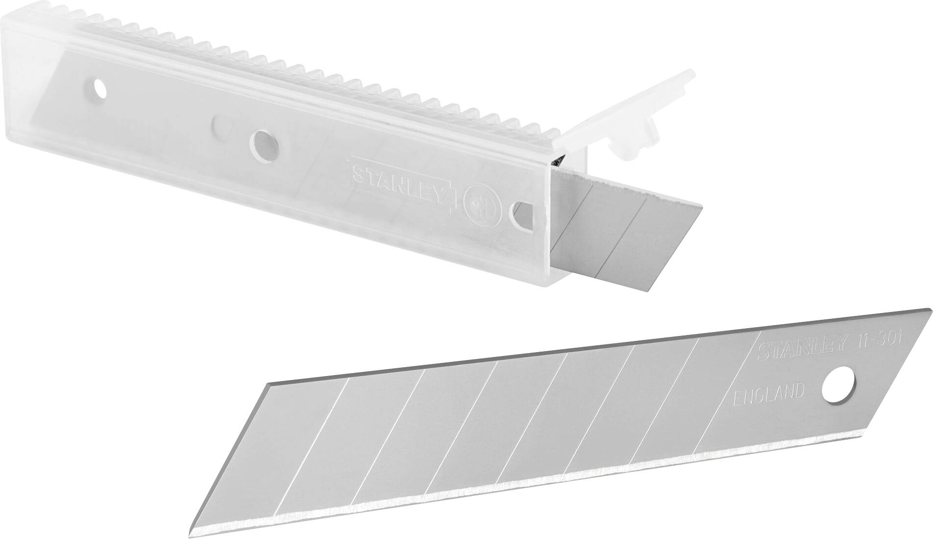 Ersatzklingen für ein Cuttermesser, einzeln verpackt in einer transparenten Plastikbox. Eine Klinge liegt separat daneben.