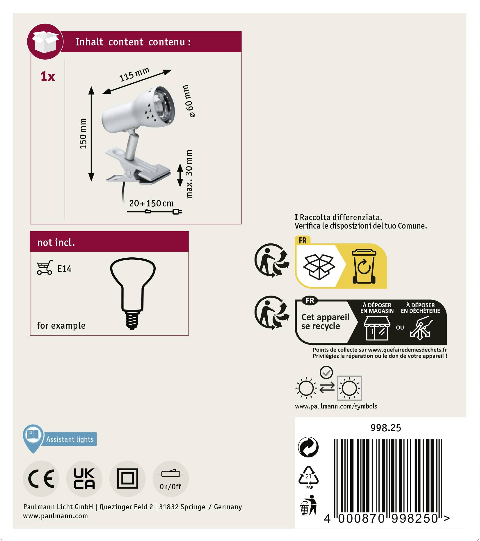 Paulmann Gryps 99825 Klemmleuchte Energiesparlampe E14 40W Eisen
