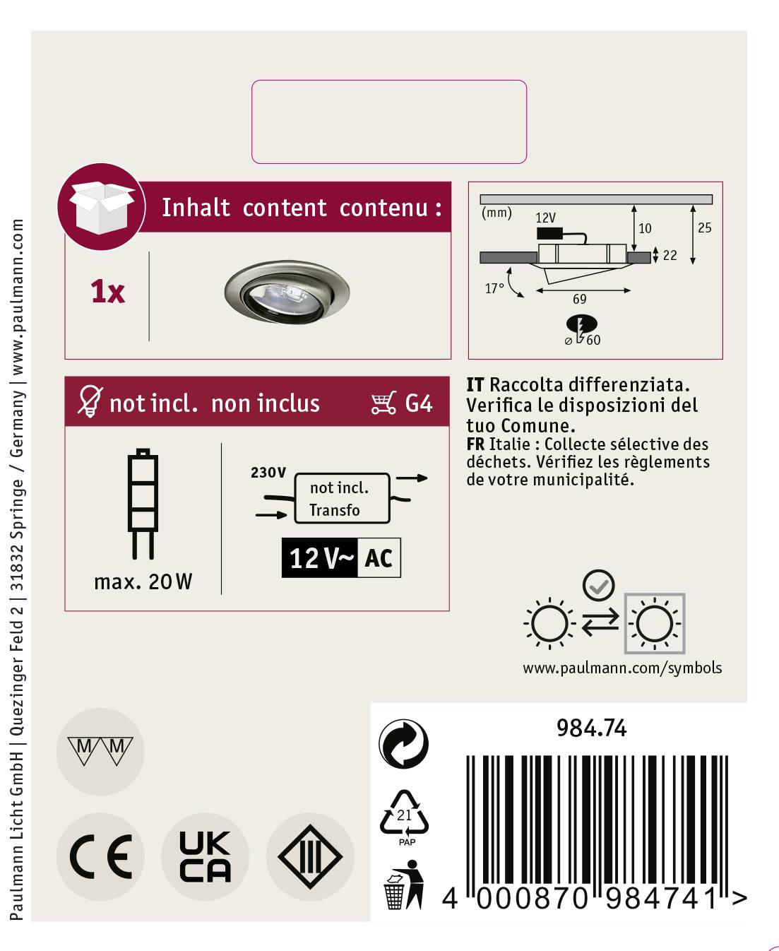 Paulmann 98474 Micro Line Einbauring LED, Halogen G4 20W Eisen (gebürstet)
