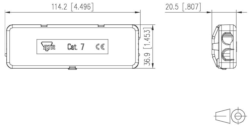 Technische Maßzeichnung eines rechteckigen Cat. 7-Steckers mit Vorder- und Seitenansicht mit Abmessungen 114,2 x 36,9 x 20,5 mm und CE-Kennzeichnung.