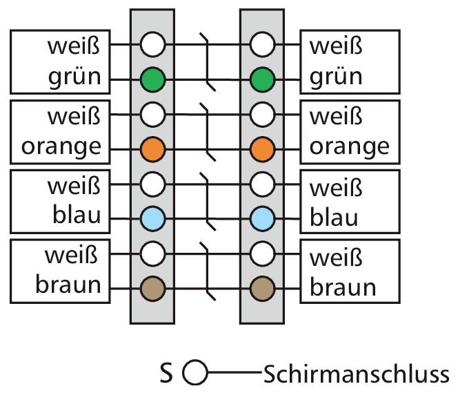 Verdrahtungsdiagramm eines Schalter-/Steckeranschlusses: farbcodierte Leitungen weiß-grün, weiß-orange, weiß-blau und weiß-braun sind beidseitig zugeordnet; unten Schirmanschluss 'S'.