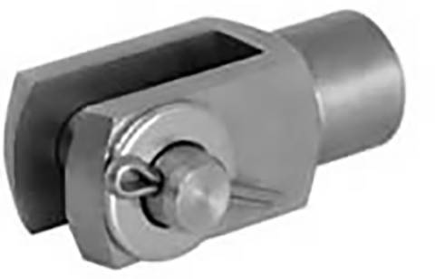 Metallischer Gabelkopf mit Bolzen und Sicherungselement, zur Befestigung in technischen Anwendungen.