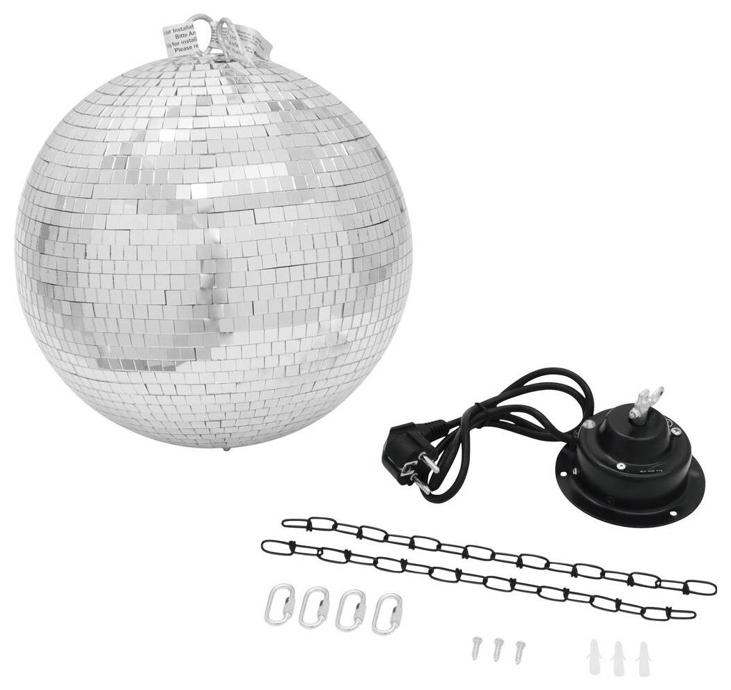 Silberner verspiegelter Discokugel mit Aufhängekette, Motorhalterung, Netzkabel, Kettengliedern, Karabinern und Montageschrauben im Lieferumfang enthalten.