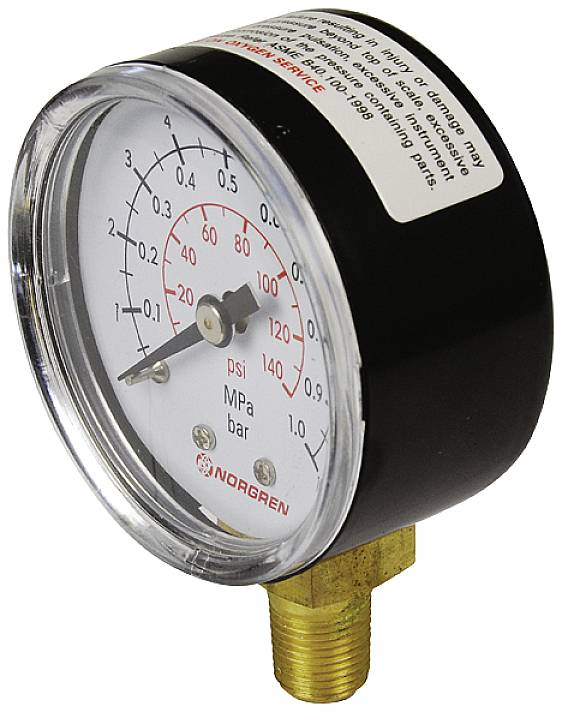 Druckmessgerät zeigt Skala in psi und MPa. Zeiger steht auf 60 psi und etwa 4,0 MPa. Messgerät hat ein schwarzes Gehäuse und Messinganschluss.