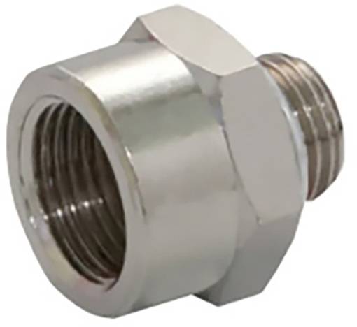 Metalladapter mit Sechskantform und Innengewinde links, Außengewinde rechts, zur Verbindung von zwei unterschiedlich großen Rohren.