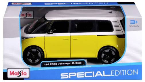 Spielzeugmodell eines gelb-weißen Volkswagen ID. Buzz in einer Verpackung mit der Aufschrift 'Special Edition'.