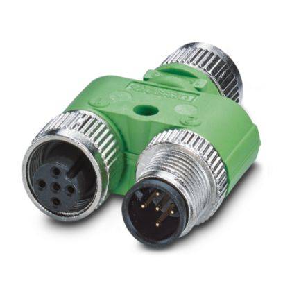 Ein grüner M12 Y-Verbinder mit drei Anschlüssen für industrielle Verkabelung, zwei weibliche und ein männlicher Anschluss.