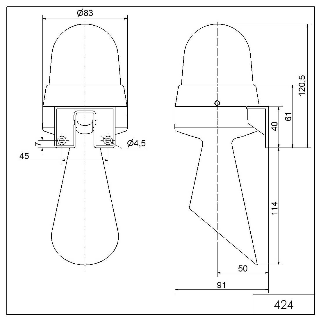 Eine technische Zeichnung einer wandmontierten Leuchte mit Abmessungen. Die Vorderansicht zeigt eine zylindrische Abdeckung und Schraubendetails; die Seitenansicht enthält Breite und Höhe.