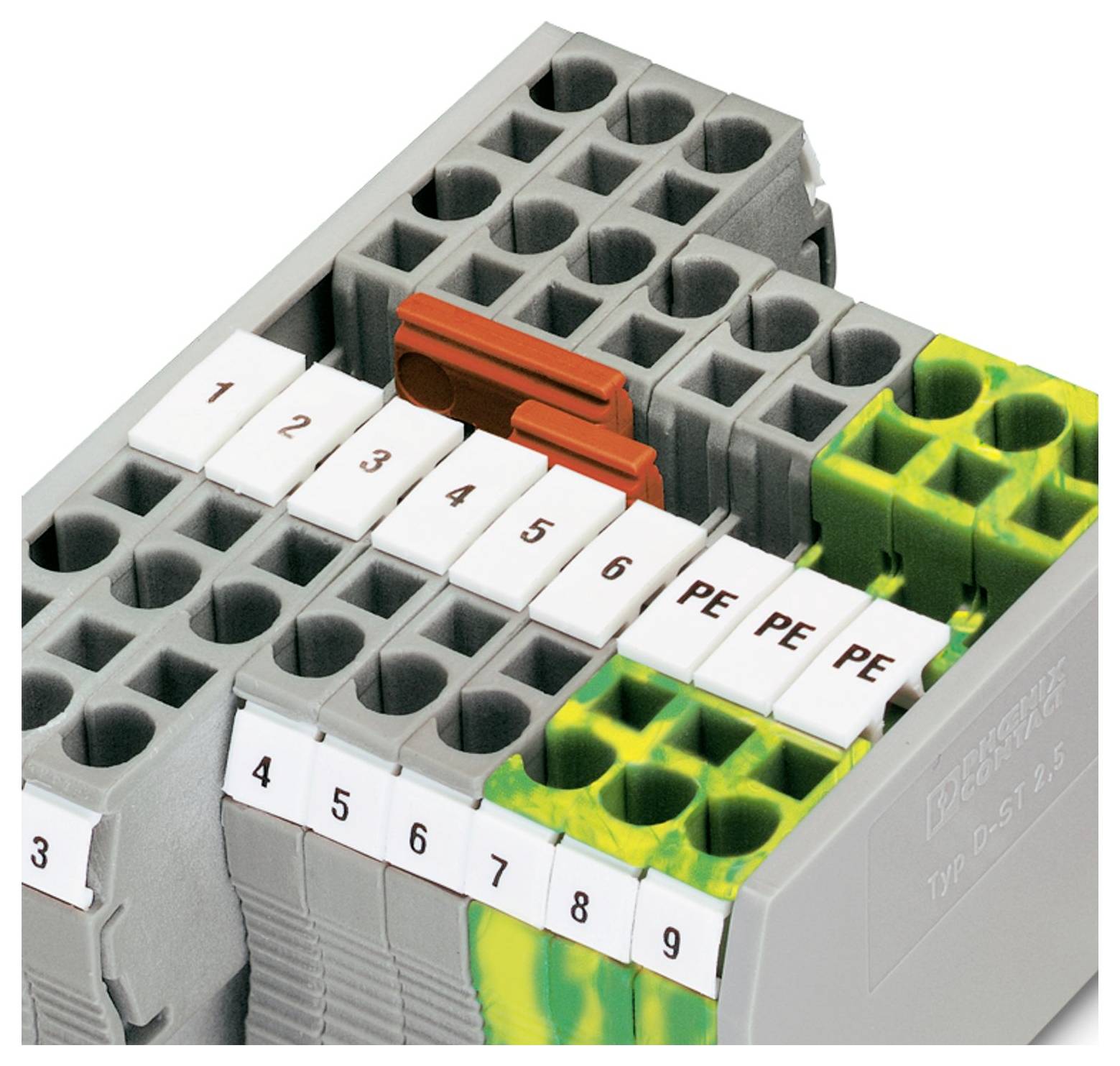 Ein Klemmleistenblock mit nummerierten Anschlüssen und einem roten Hebel, der zum Organisieren und sicheren Verbinden mehrerer Drähte verwendet wird.