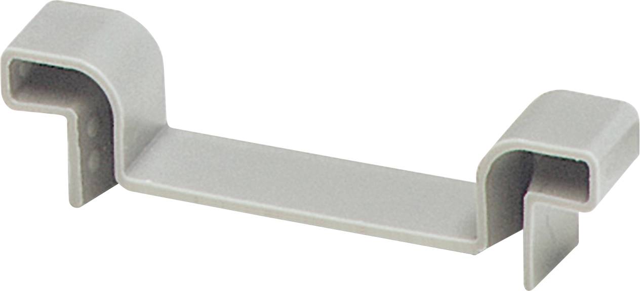 Ein grauer, L-förmiger Kabelmanagement-Clip mit zwei offenen Schlitzen zum Befestigen und Organisieren von Kabeln auf einer flachen Oberfläche.