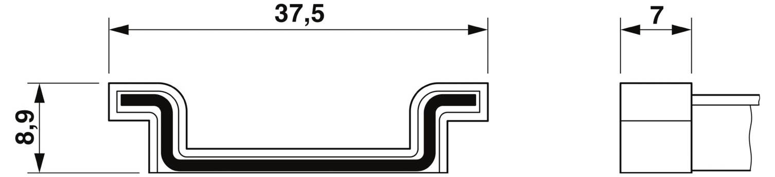 Querschnittsdiagramm mit Abmessungen: Breite 37,5 Einheiten, Höhe 8,9 Einheiten, Tiefe der Seitenansicht 7 Einheiten.
