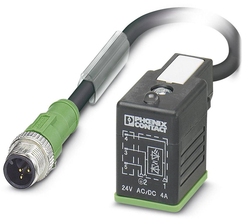 Steckverbinder mit grünem Kabel und schwarzem Gehäuse, beschriftet mit 'Phoenix Contact', zeigt Stromstärke von 24V AC/DC, 4A.