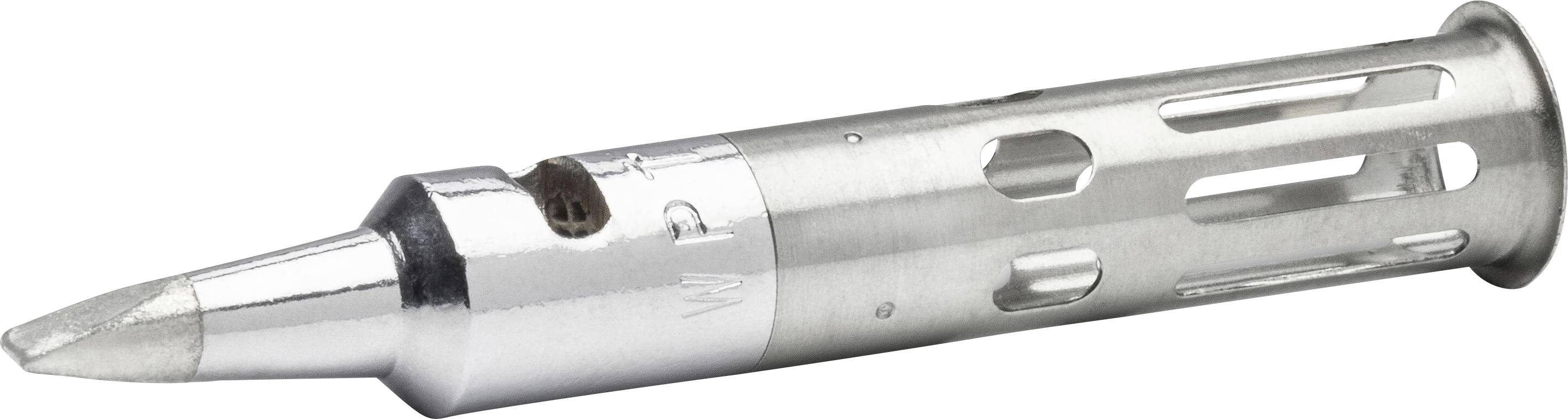 Ein Lötkolben-Heizelement aus Silbermetall mit konischer Spitze und schlitzförmigem zylindrischem Körper auf weißem Hintergrund.