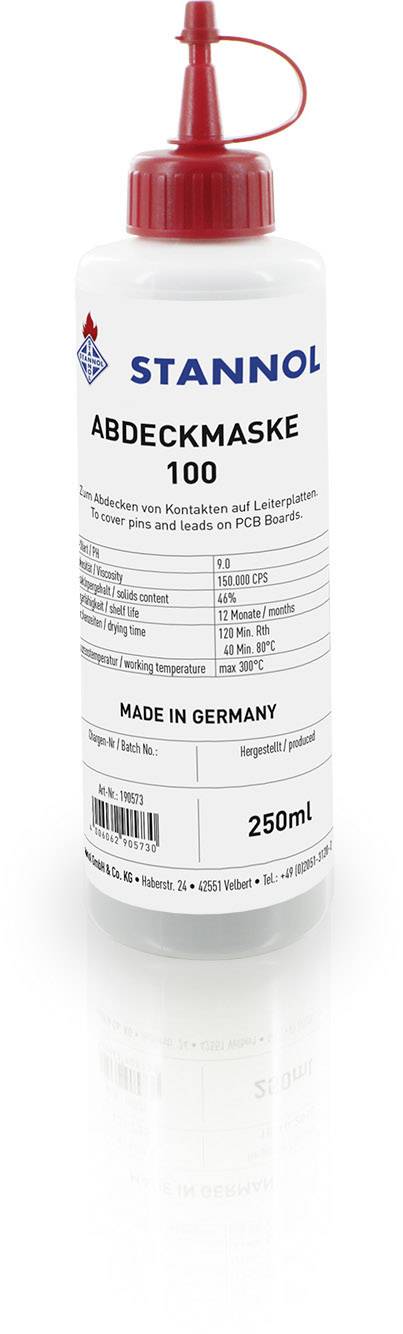 'Stannol Abdeckmaske 100' Flasche, 250 ml, zur Abdeckung von Kontaktstellen und Lötspitzen auf Leiterplatten, hergestellt in Deutschland.