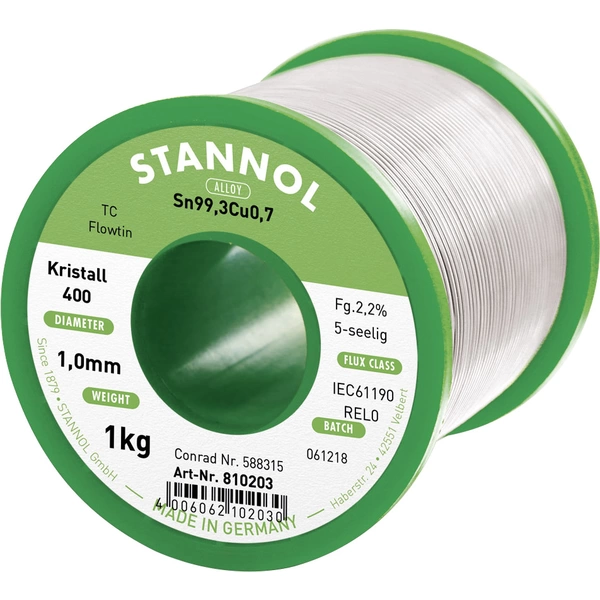 Stannol Ecology TC Lötzinn, bleifrei Spule Sn99,3Cu0,7 REL0 1000g 1mm Stannol Ecology TC Lötzinn, bleifrei Spule Sn99,3Cu0,7 REL0 1000g 1mm