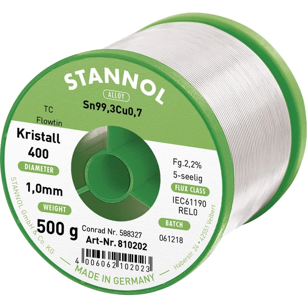 Stannol Ecology TC Lötzinn, bleifrei Spule Sn99,3Cu0,7 REL0 500g 1mm Stannol Ecology TC Lötzinn, bleifrei Spule Sn99,3Cu0,7 REL0 500g 1mm