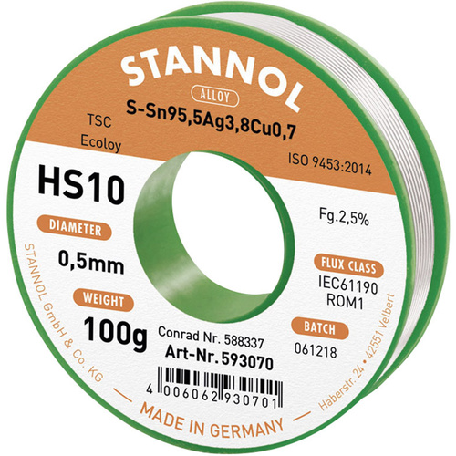 Stannol HS10 2510 Lötzinn, bleifrei Spule Sn95,5Ag3,8Cu0,7 ROM1 100 g 0.5 mm