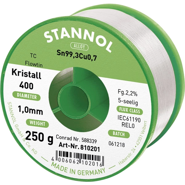 Stannol Ecology TC Lötzinn, bleifrei Spule Sn99,3Cu0,7 REL0 250g 1mm Stannol Ecology TC Lötzinn, bleifrei Spule Sn99,3Cu0,7 REL0 250g 1mm