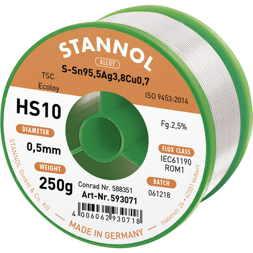 Stannol HS10 2510 Lötzinn, bleifrei Spule Sn95,5Ag3,8Cu0,7 ROM1 250g 0.5mm