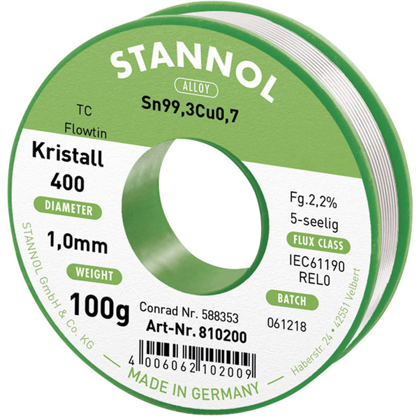Stannol Ecology TC Lötzinn, bleifrei Spule Sn99,3Cu0,7 REL0 100g 1mm