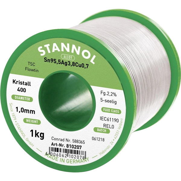 Stannol Ecology TS Lötzinn, bleifrei Spule Sn95,5Ag3,8Cu0,7 REL0 1000g 1mm Stannol Ecology TS Lötzinn, bleifrei Spule Sn95,5Ag3,8Cu0,7 REL0 1000g 1mm