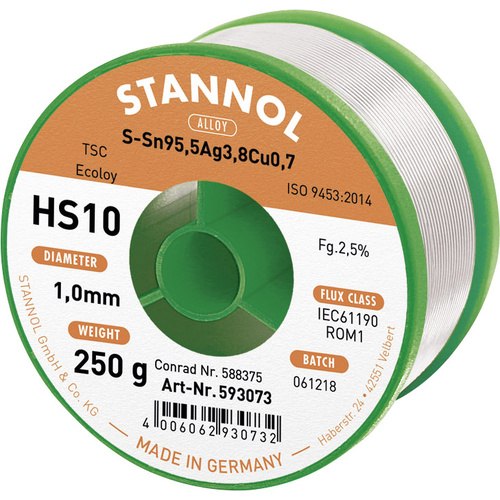 Stannol HS10 2510 Lötzinn, bleifrei Spule Sn95,5Ag3,8Cu0,7 ROM1 250 g 1 mm