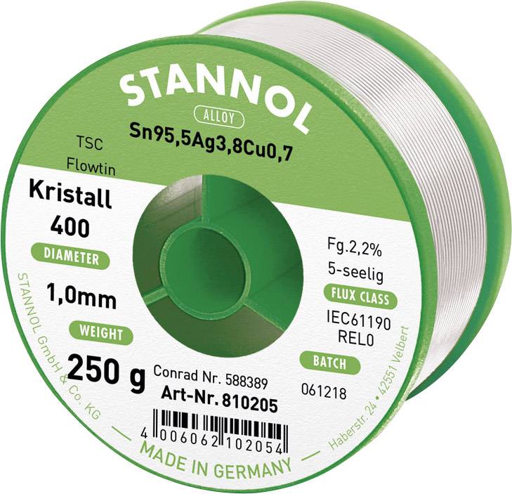 Lötzinn-Rolle mit der Aufschrift: Stannol Kristall 400, 1,0 mm Durchmesser, 250 g. Legierung: Sn95,5Ag3,8Cu0,7. Flussmittel: 2,2%.