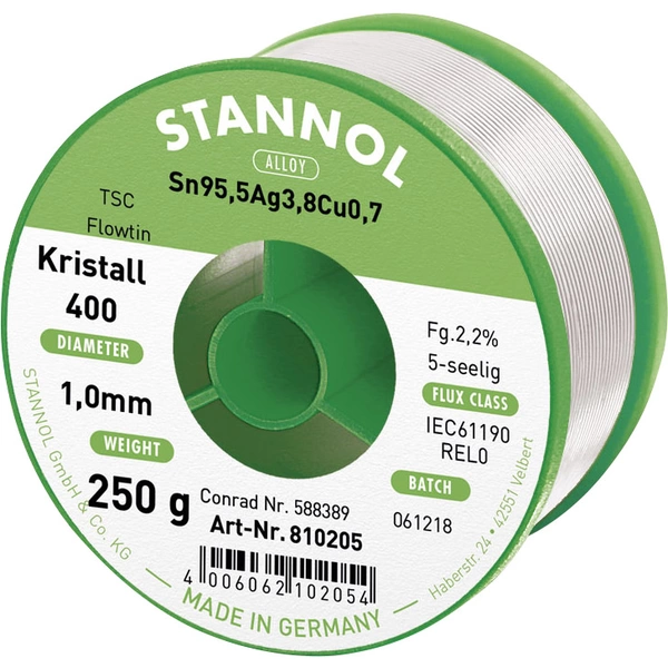 Stannol Ecology TS Lötzinn, bleifrei Spule Sn95,5Ag3,8Cu0,7 REL0 250g 1mm Stannol Ecology TS Lötzinn, bleifrei Spule Sn95,5Ag3,8Cu0,7 REL0 250g 1mm