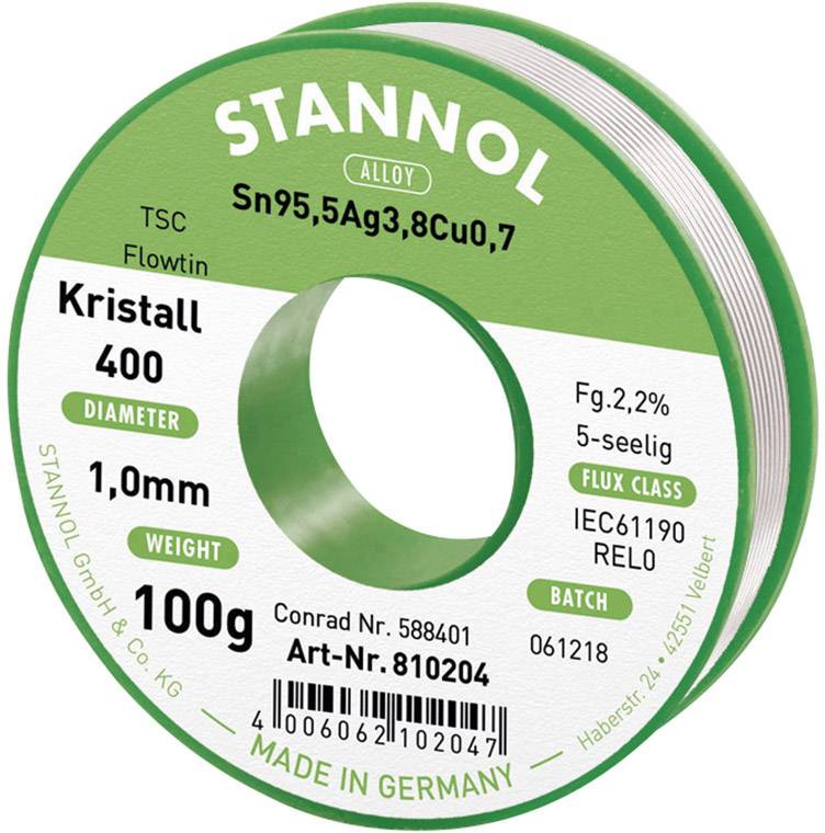 Lötzinn-Rolle der Marke 'Stannol', Legierung Sn95,5Ag3,8Cu0,7. Durchmesser 1,0mm, Gewicht 100g. Geeignet für RELO Flussmittelklasse. Hergestellt in Deutschland.