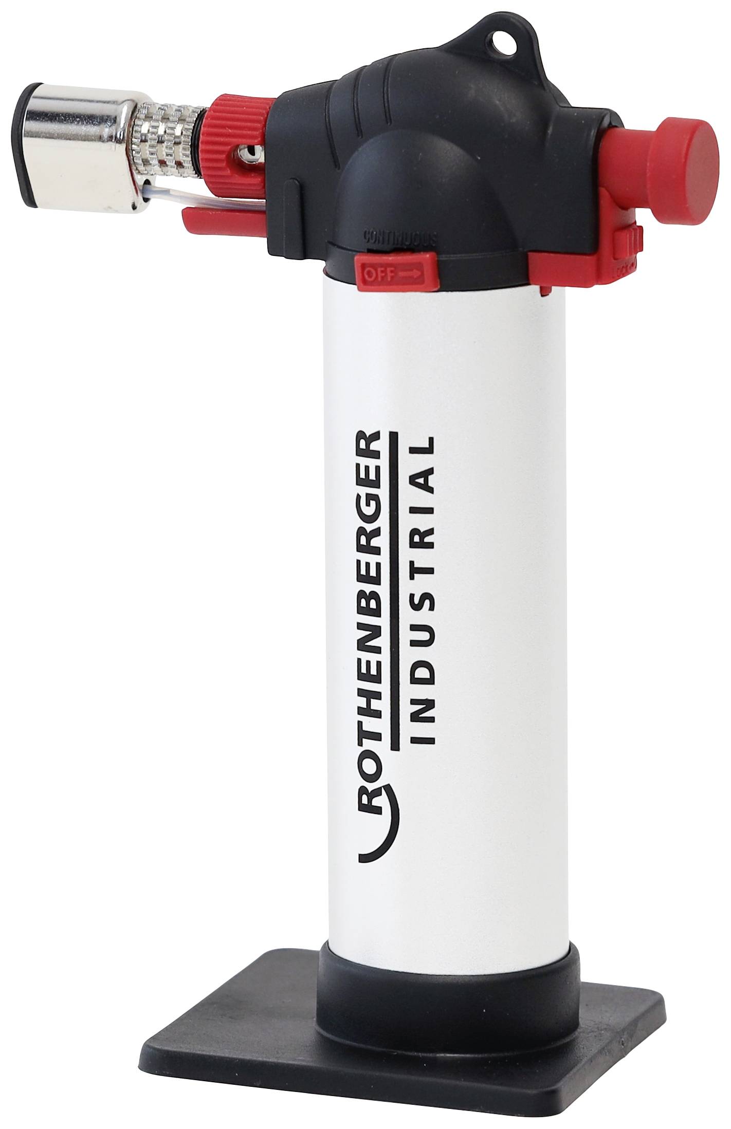Ein Gasbrenner mit Aufschrift 'Rothenberger Industrial'. Weiß und rot, mit schwarzer Basis, verwendet für Lötarbeiten und Erhitzen.
