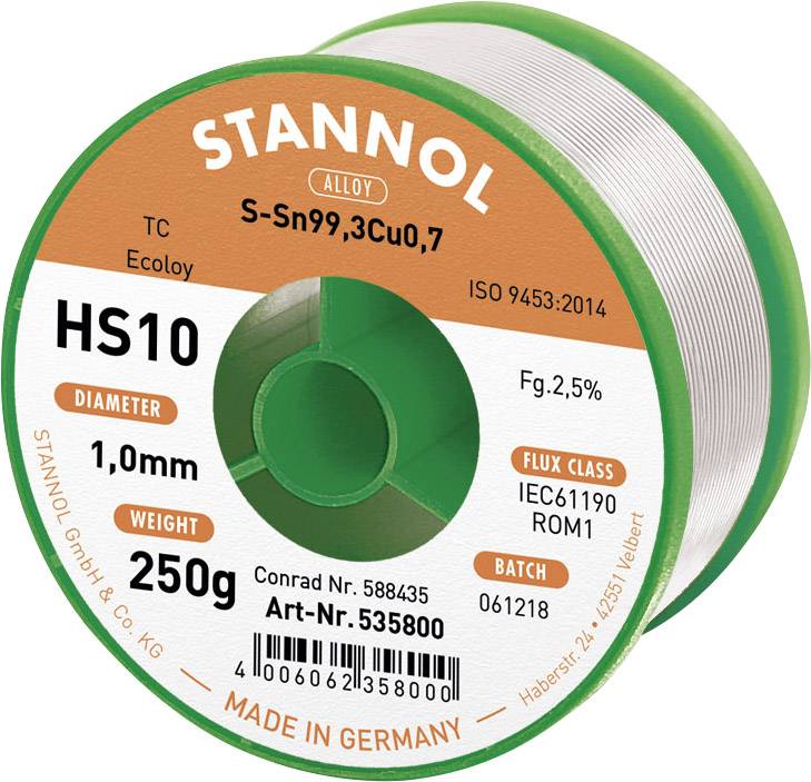 Stannol HS10 2510 Lötzinn, bleifrei Spule Sn99,3Cu0,7 ROM1 250 g 1 mm