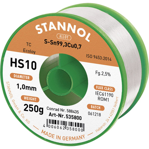 Stannol HS10 2510 Étain à souder sans plomb bobine Sn99,3Cu0,7 ROM1 250 g 1 mm