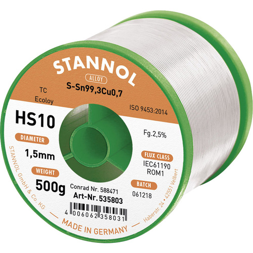 Stannol HS10 2510 Étain à souder sans plomb bobine Sn99,3Cu0,7 ROM1 500 g 1.5 mm