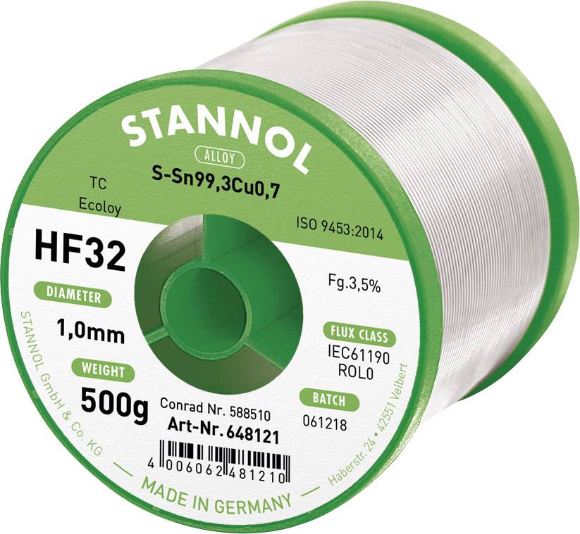 Stannol HF32 3500 Lötzinn, bleifrei Spule Sn99,3Cu0,7 REL0 500 g 1 mm
