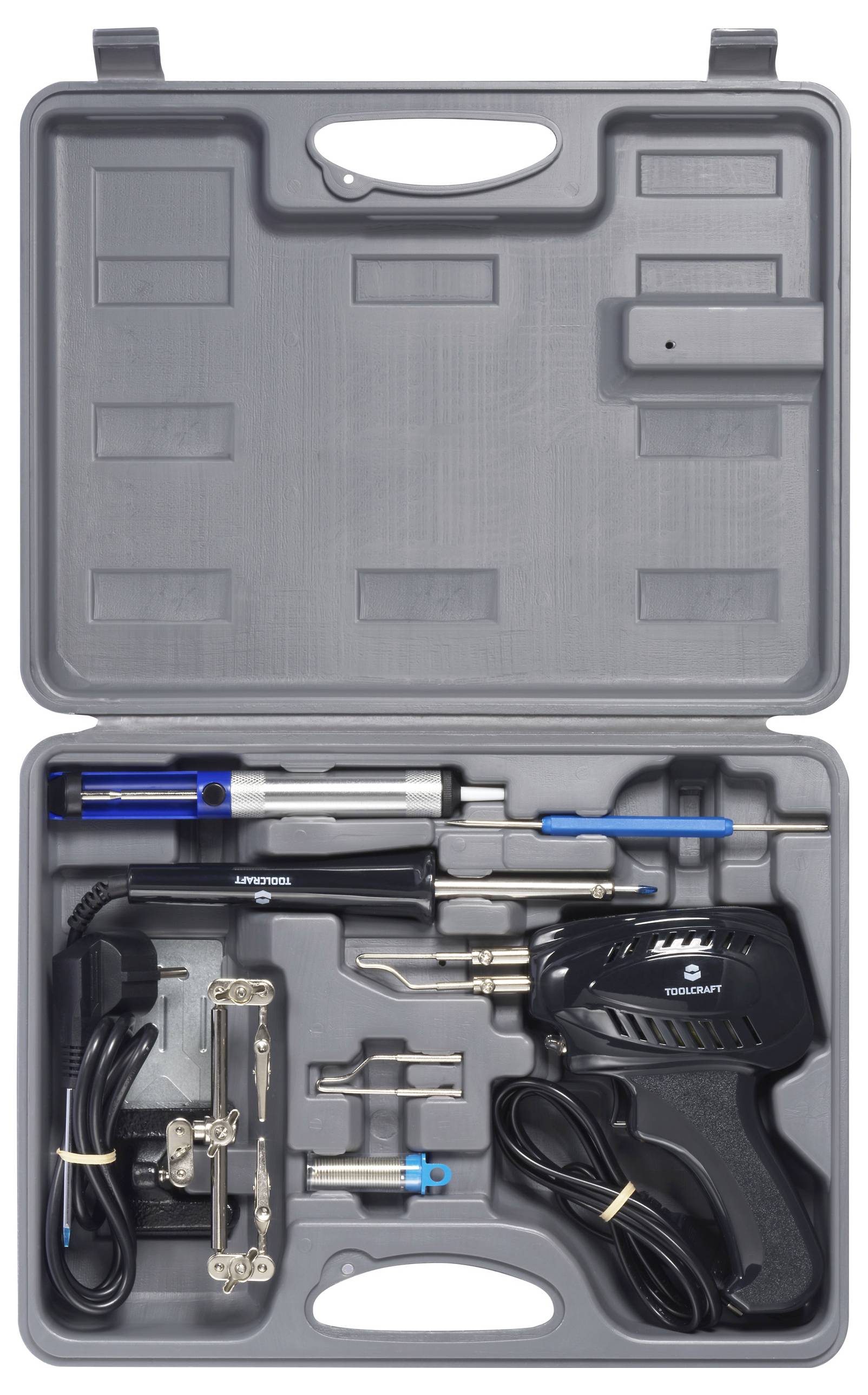 Ein Lötkolben-Set in einem offenen Kunststoffkoffer. Enthalten sind ein Lötkolben, verschiedene Aufsätze, Kabel und Zubehörteile.