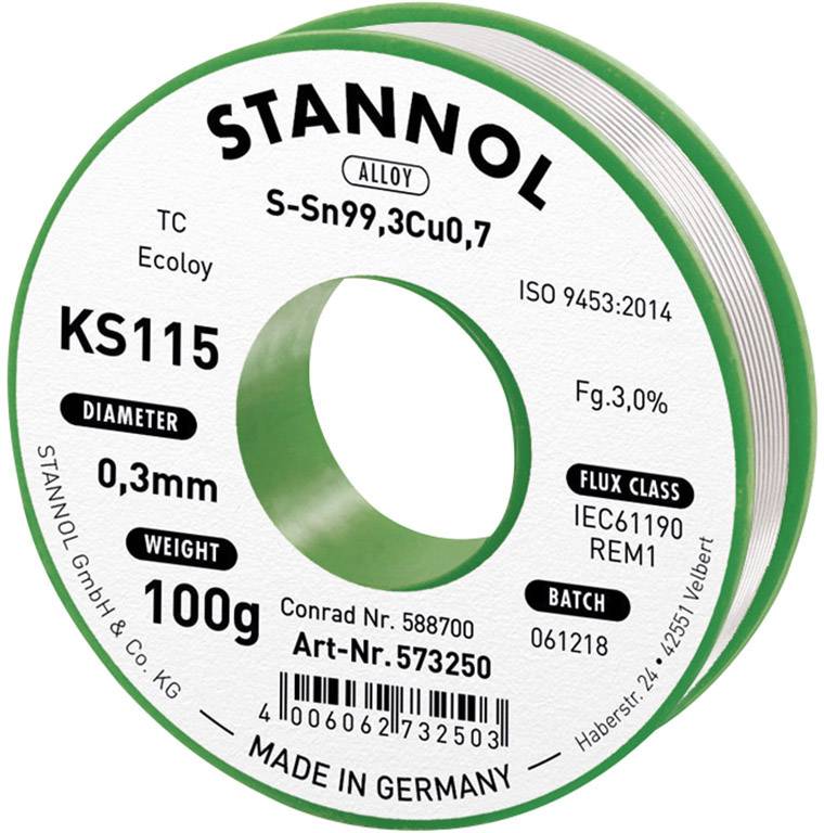 Stannol KS115 Lötzinn, bleifrei Spule Sn99,3Cu0,7 ROM1 100 g 0.3 mm