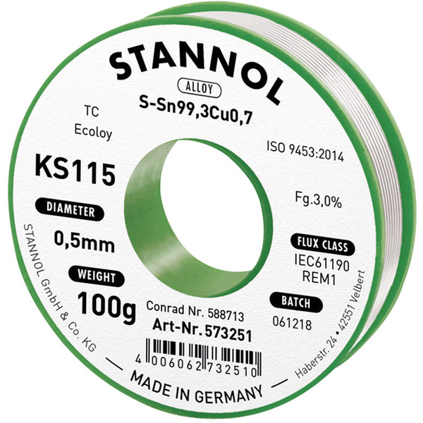 Stannol KS115 Lötzinn, bleifrei Spule Sn99,3Cu0,7 ROM1 100g 0.5mm