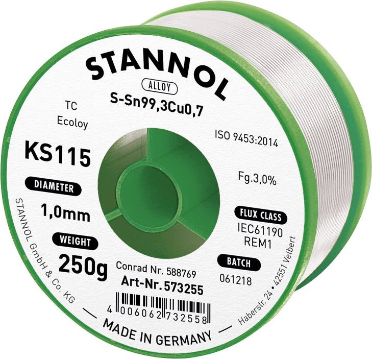 Stannol KS115 Lötzinn, bleifrei Spule Sn99,3Cu0,7 ROM1 250 g 1 mm