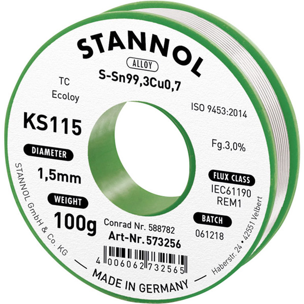 Stannol KS115 Lötzinn, bleifrei Spule Sn99,3Cu0,7 ROM1 100g 1.5mm