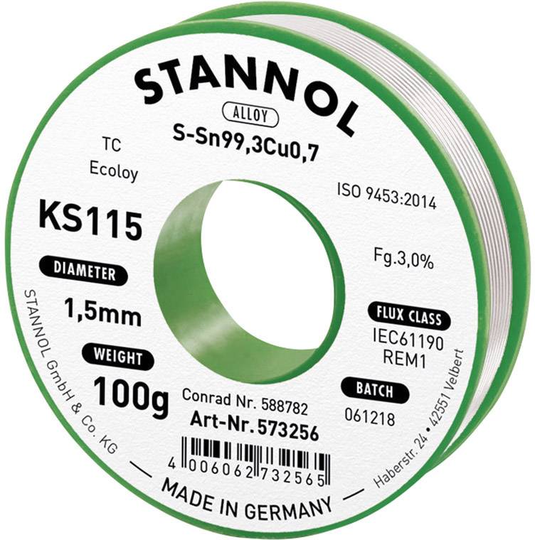 Stannol KS115 Lötzinn, bleifrei Spule Sn99,3Cu0,7 ROM1 100g 1.5mm
