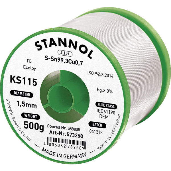 Stannol KS115 Lötzinn, bleifrei Spule Sn99,3Cu0,7 ROM1 500 g 1.5 mm
