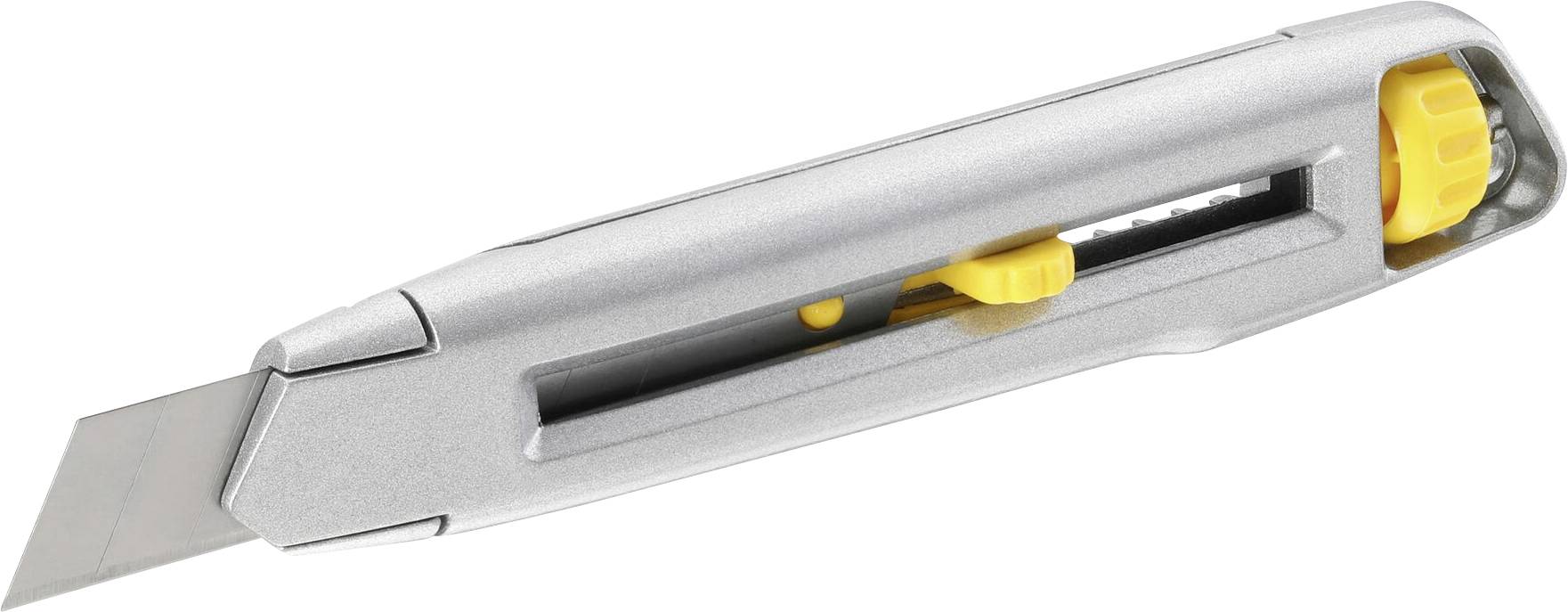 Silbernes Cuttermesser mit ein- und ausfahrbarer Klinge, gelbem Schiebergriff zur Längeneinstellung und ergonomischem Design.