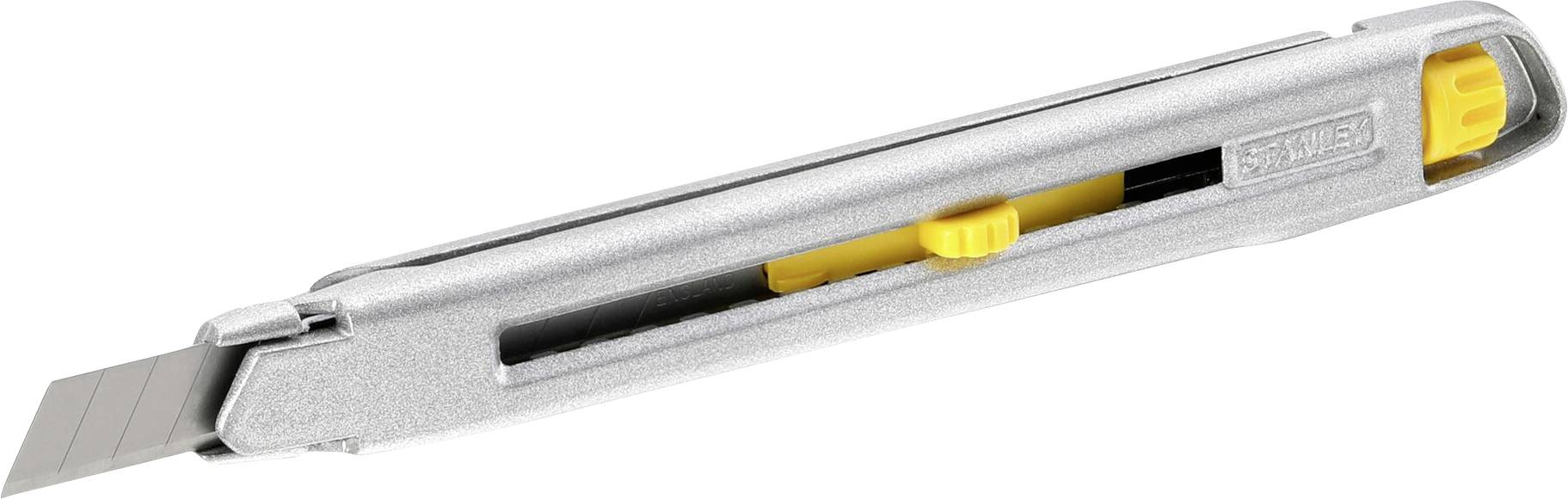 Ein silbernes Cuttermesser mit hervorgezogener Klinge und gelbem Einstellrad am Griff, geeignet für präzise Schneidearbeiten.