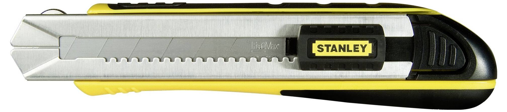 Ein gelbes und schwarzes Stanley-Cutter-Messer mit ausziehbarer Klinge und geriffelter Griffstruktur.