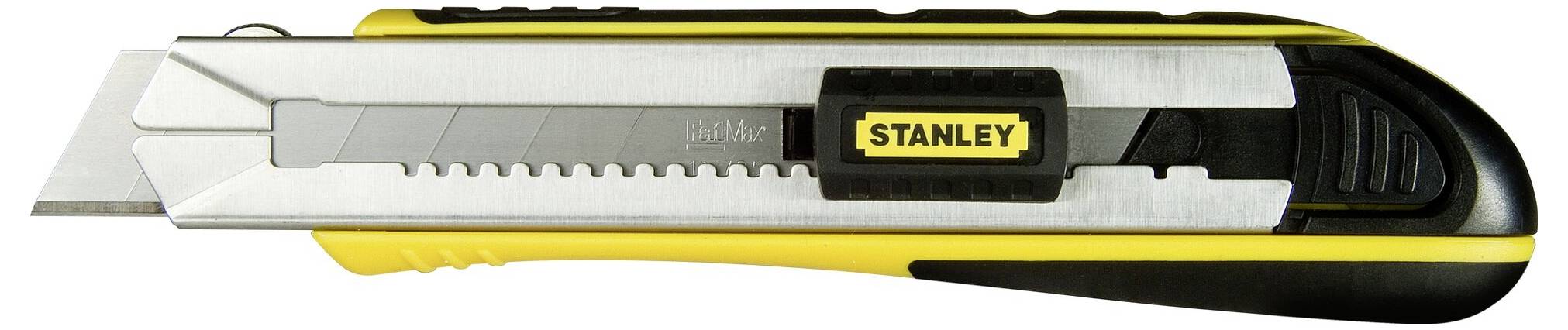 Gelber und schwarzer Cutter mit ausfahrbarer Klinge, Markenname 'Stanley' seitlich sichtbar. Eignet sich zum Schneiden von Karton.