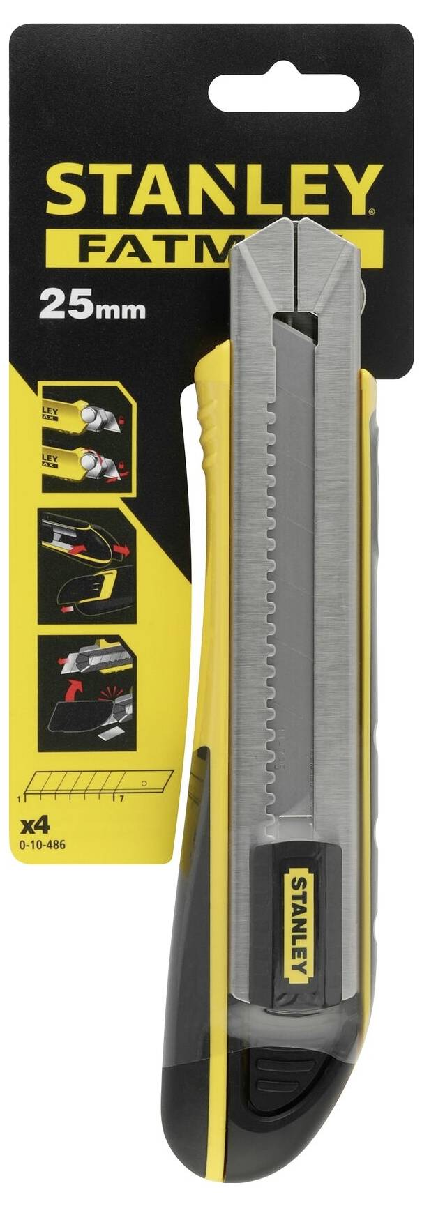 Gelbes und schwarzes Stanley FatMax Cuttermesser mit 25 mm Klinge, fallsicherem Design, Sicherheitsanzeige und austauschbaren Klingen.
