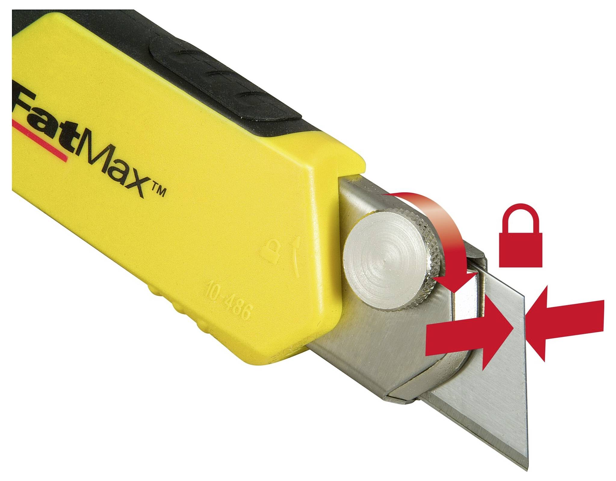 Ein gelbes Universalmesser mit ausgefahrener Klinge und roten Pfeilen, die auf Sicherheitsmerkmale hinweisen.